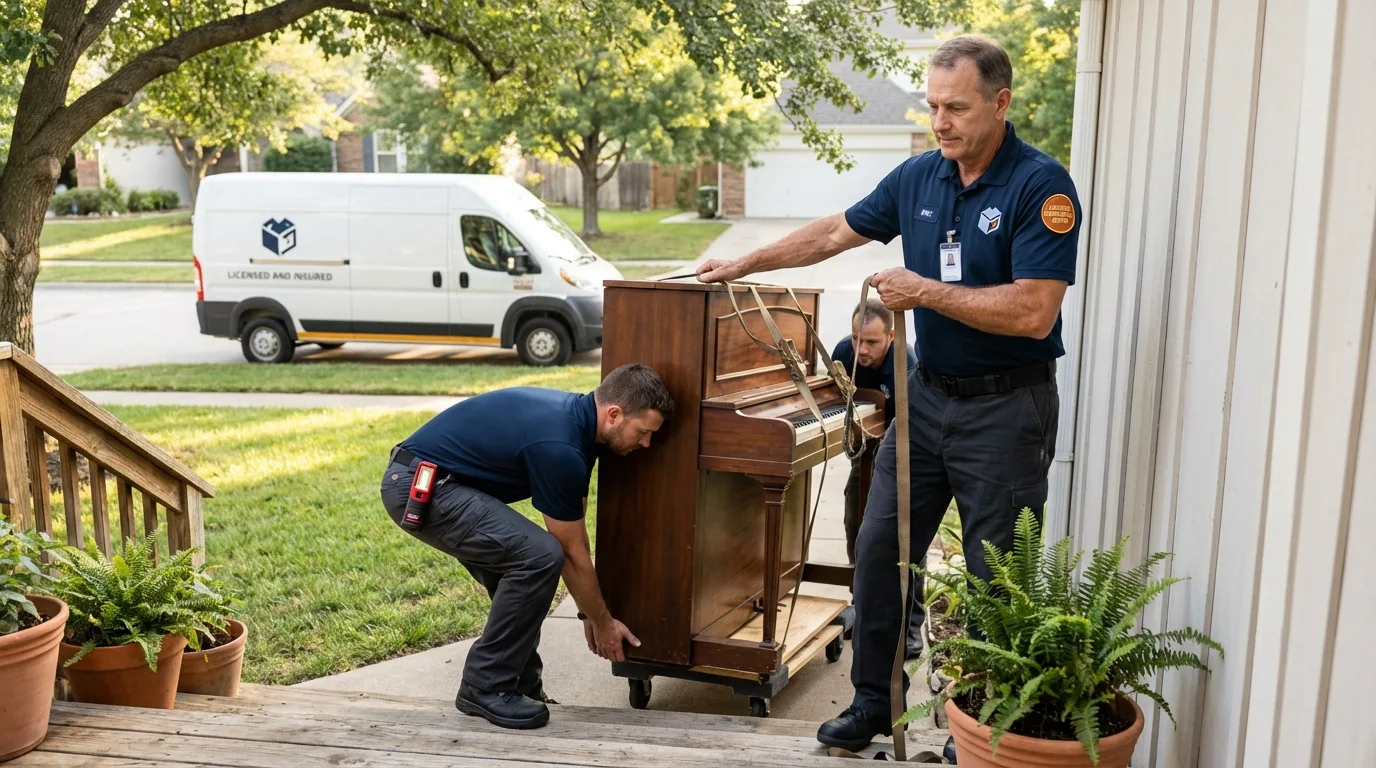 Licensed piano movers securing grand piano in Milroy, PA