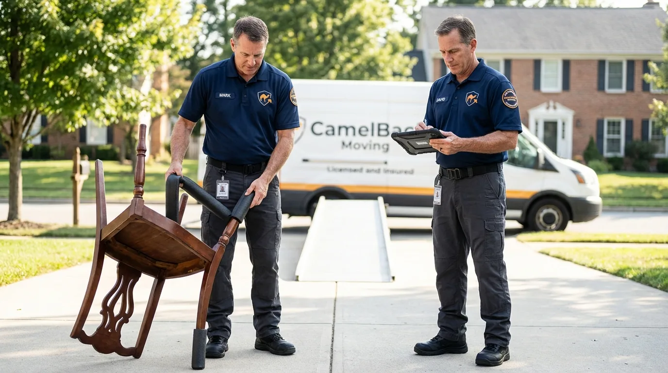 Movers inspecting furniture for damage prevention before loading in Milroy, PA