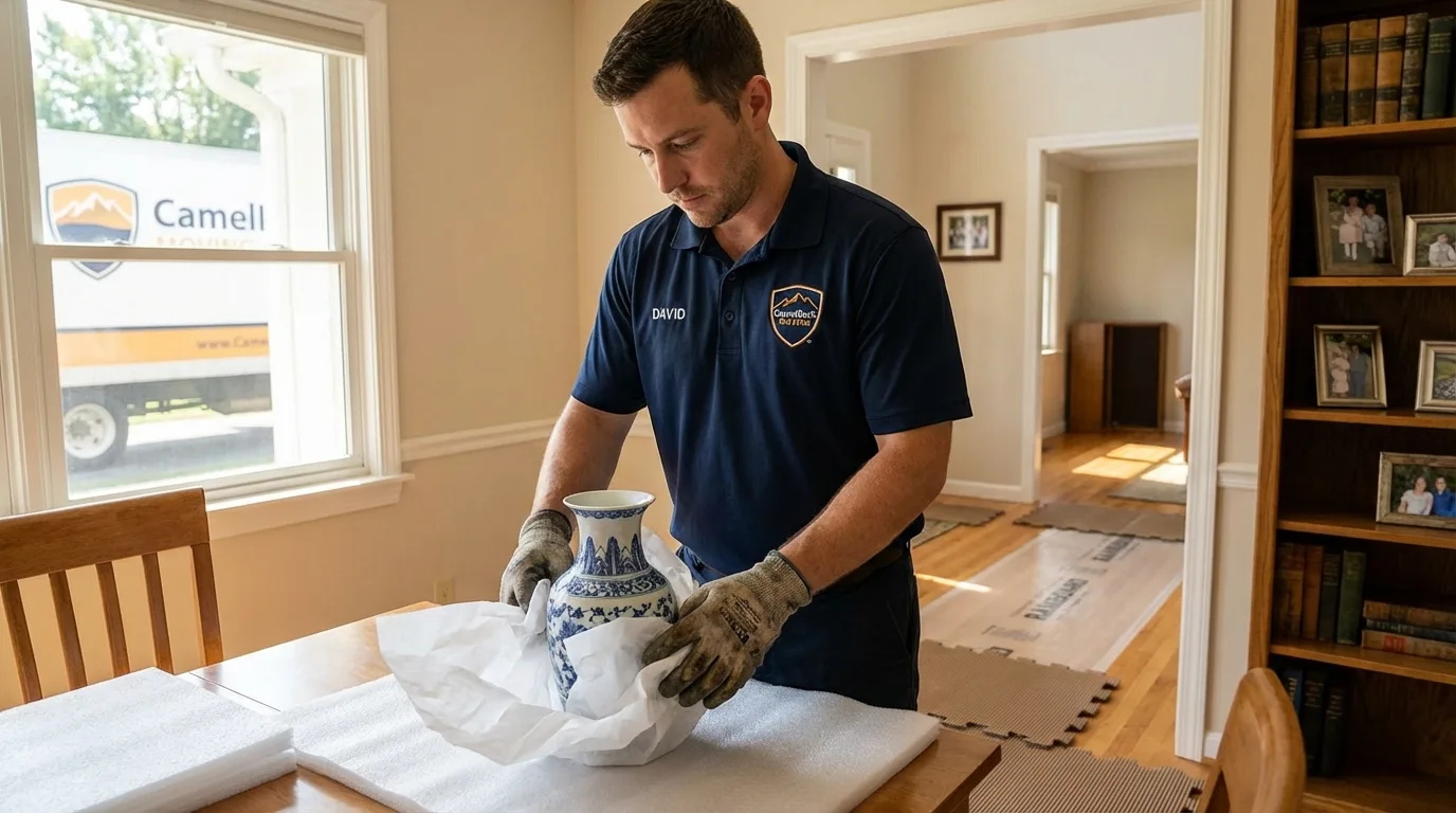 Professional crew carefully wrapping antique vase for senior downsizing move in Milroy, PA